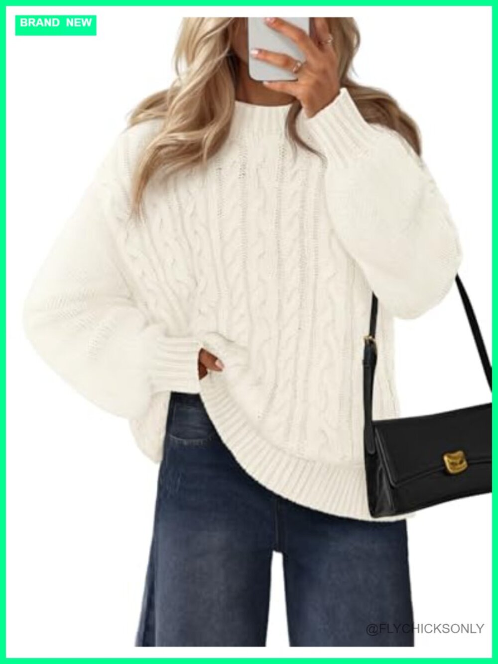 Womens Cable Knit Chunky Pullover Sweater Lantern Sleeve Crewneck Loose